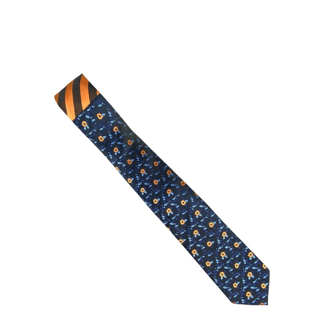 E.J. Samuel Mens Tie Floral Striped Navy Orange Microfiber Formal Long 60x3.5 - Picture 5 of 9